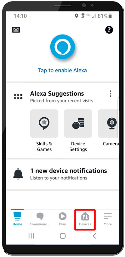 Smart Phone with the Amazon Alexa App point to the devices icon