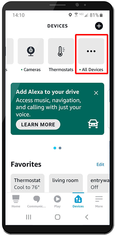 Amazon Alexa smart phone app showing where to select all devices on the Smart Home Dashboard