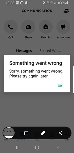 Alexa smart phone app with no Internet connection showing that "something went wrong"