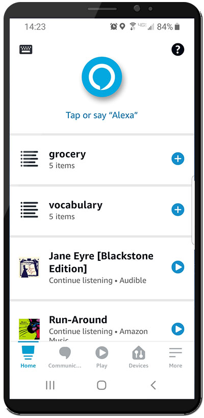 Screen shot showing the Amazon Alexa smartphone app