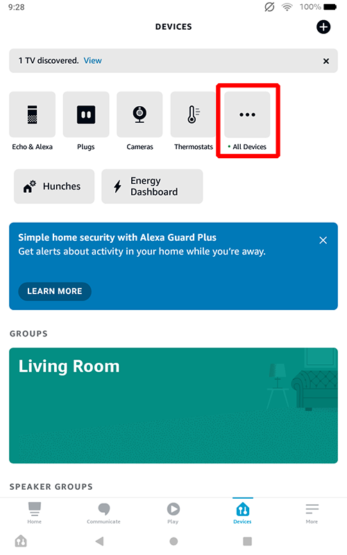 Image showing where to find all devices on an Amazon Fire tablet from the smart home dashboard