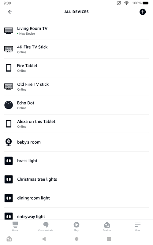 Screen shot of the Alexa Fire tablet with all devices displayed from the Smart Home Dashboard