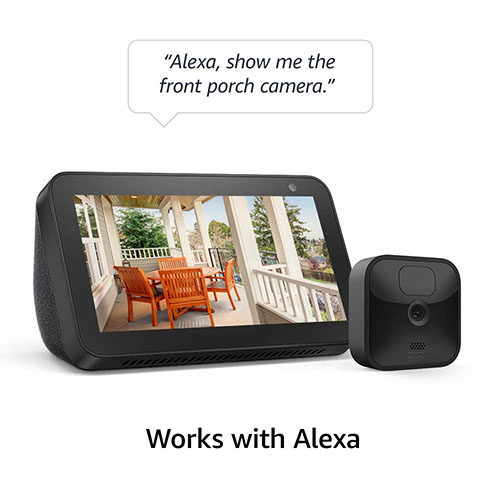 Image showing Amazon blink camera and an Echo Show 5.  You can't have the best Alexa home setup without smart cameras, this one could be a great addition.