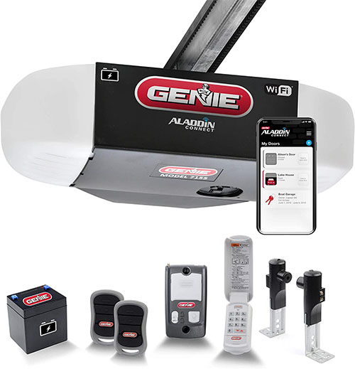 Image of a Genie smart garage door opener with accessories