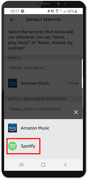 Image showing changing the default music service to Spotify
