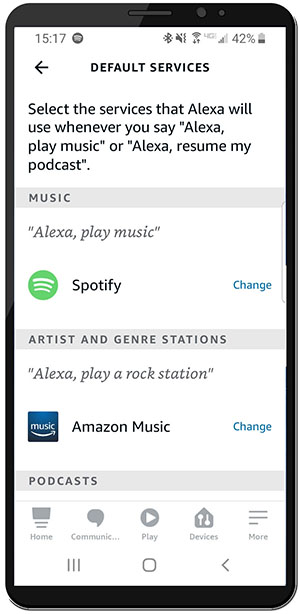 Image showing the new default service to play music with Alexa is Spotify