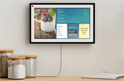 Image of an Echo Show in a kitchen, ready to perform a routine