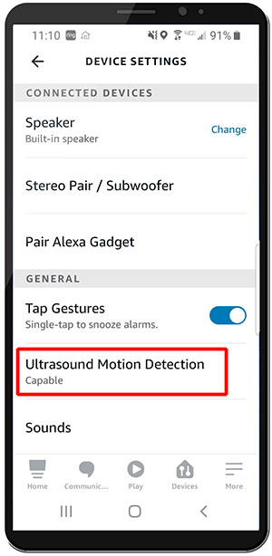 Where to find the ultrasound motion detection option in the Alexa app.