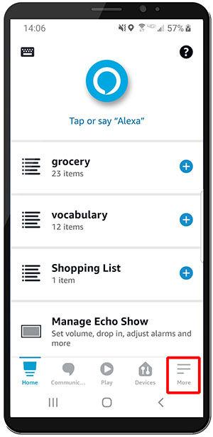 Alexa app showing the main screen and indicating that you can get to the routine selection by using the more button in the lower right corner