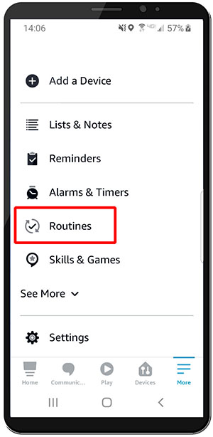 Alexa app showing how to get to routines