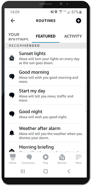 Alexa featured routines, showing recommended routines to use, such as sunset lights which can control smart light bulbs