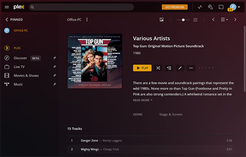 Plex media library with mp3s from Top Gun